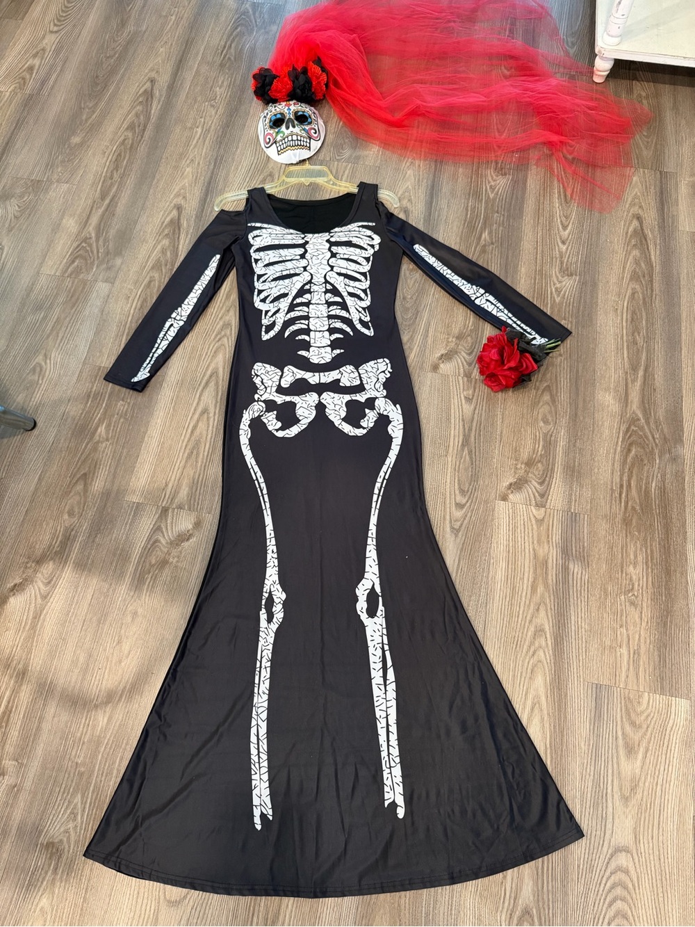 Women’s Black Skeleton bride Costume Dress with White Bone Print